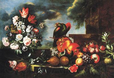 unknow artist Flowers, Fruit and a parrot